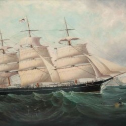 A large boat by the sea